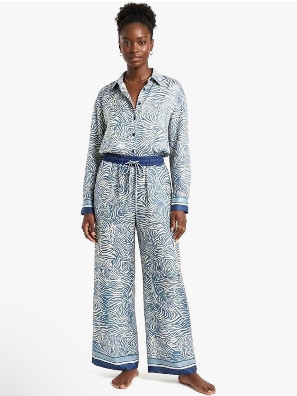 Women's Azure Wave Silky Satin Set - Button-Down Top & Wide-Leg Pants
